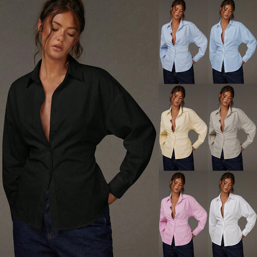 Damen Oversize Hemdbluse mit Nadelstreifen, überschnittener Schulter und taillierter Raffnaht Drune