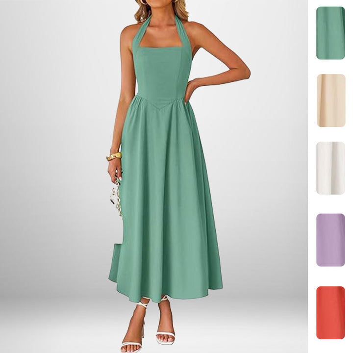 Damen Maxikleid mit schulterfreiem Halterneck und fließendem Rock Drune
