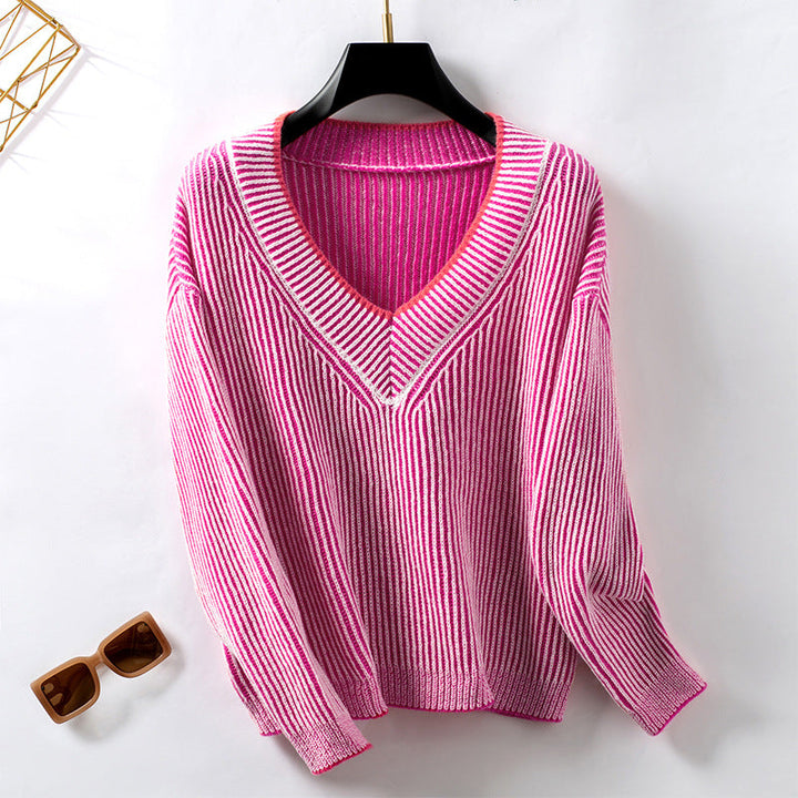 Damen Strickpullover mit V-Ausschnitt und gestreiftem Design Drune