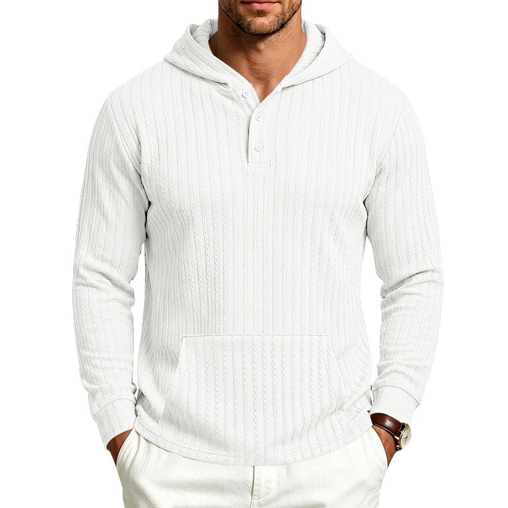 Herren Kapuzen-Henley-Pullover mit Zopfstruktur, Kängurutasche und Rippbündchen Drune