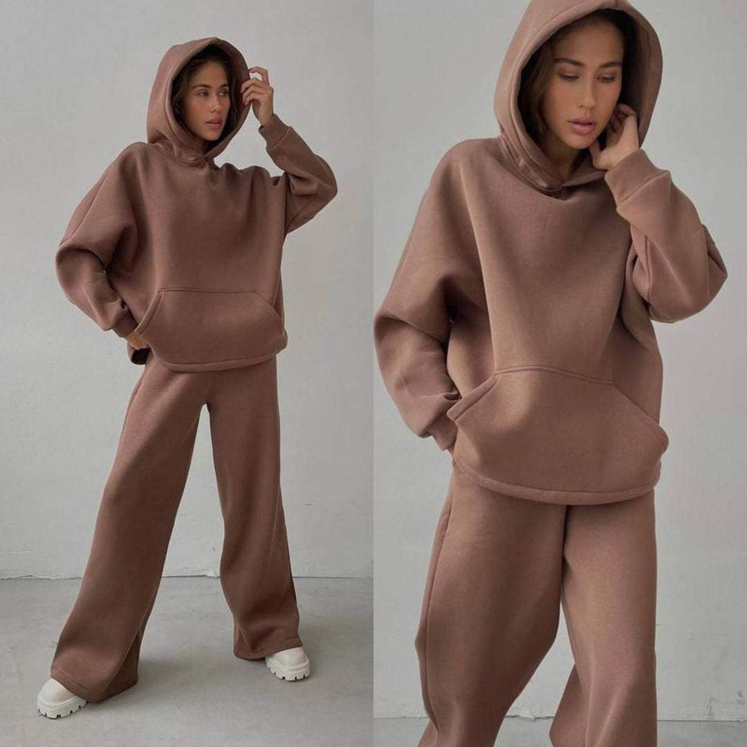 Damen nan Cozy-Komplettset mit extraweichem Oversize-Hoodie, Kängurutasche und High-Waist Palazzo-Sweathose Drune