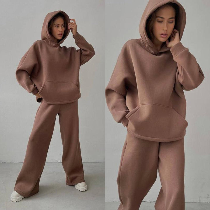 Damen nan Cozy-Komplettset mit extraweichem Oversize-Hoodie, Kängurutasche und High-Waist Palazzo-Sweathose Drune