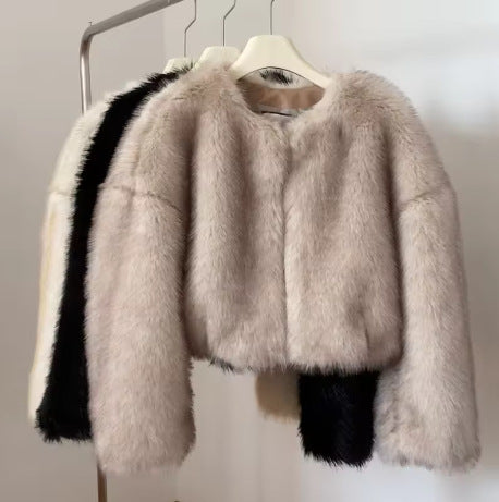 Damen Cropped Kunstpelz‑Bomber mit rundem Ausschnitt, weich fallendem Hochflor und kastiger Silhouette Drune