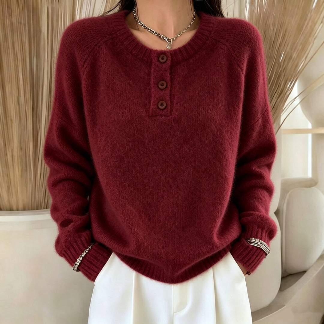 Damen Kuscheliger Rundhals-Henley-Pullover mit Knopfleiste und Raglanärmeln Drune