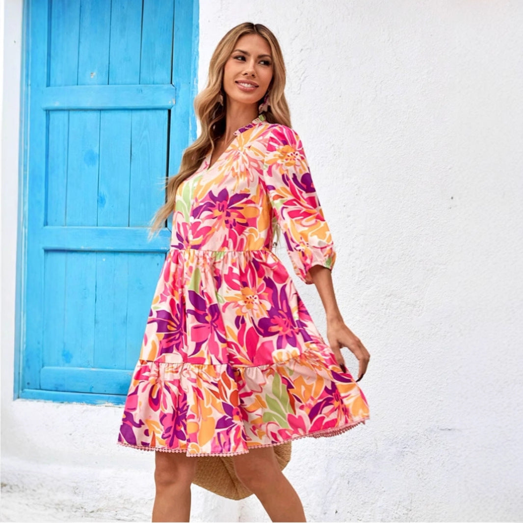 Damen Blusenkleid mit floralen Prints und voluminösen Ärmeln Drune
