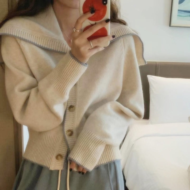 Damen Strickcardigan mit übergroßem Matrosenkragen und kontrastkante Drune