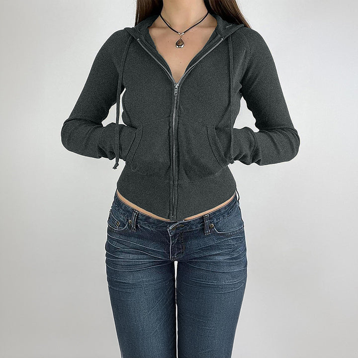 Damen nan schmal geschnittene Feinstrick-Hoodiejacke mit Metallzipper, Kängurutaschen und Daumenlochbündchen Drune