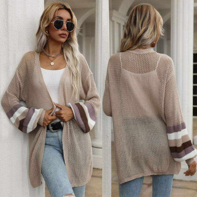 Damen Longline-Netzstrick-Cardigan mit Ballonärmeln und Blockstreifen Drune