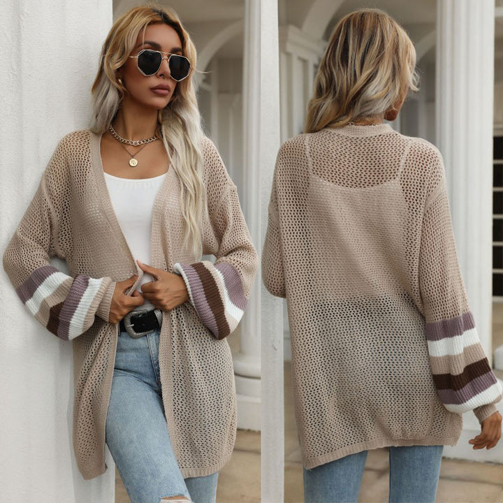 Damen Longline-Netzstrick-Cardigan mit Ballonärmeln und Blockstreifen Drune