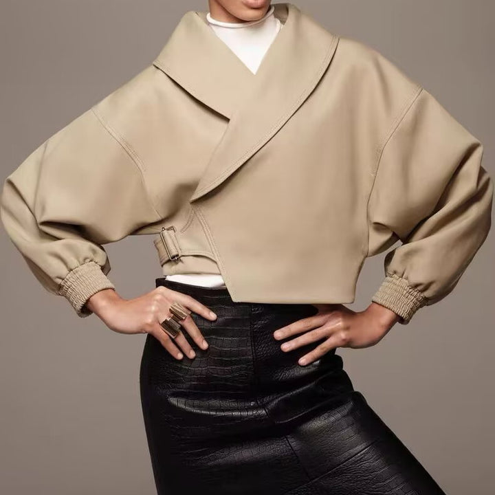 Damen Kurze Oversized Jacke mit breitem Schalkragen, Ballonärmeln und Taillenriegel Drune