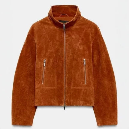 Damen Cropped-Veloursjacke im minimalistischen Design mit Stehkragen, Ziernähten und Reißverschlusstaschen Drune