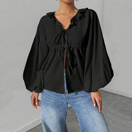Damen lässige Rüschenbluse mit V‑Ausschnitt, Bindebändern und weiten Ballonärmeln Drune