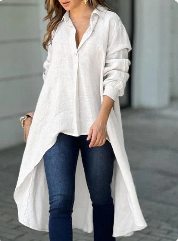Damen Leichte Leinen‑Tunika‑Bluse mit asymmetrischem High‑Low‑Schwanz und Hemdkragen Drune