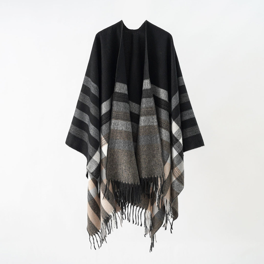 Damen Grobgewebte Cape‑Ruana im Oversize mit verlaufendem Karomuster und Fransensaum Drune