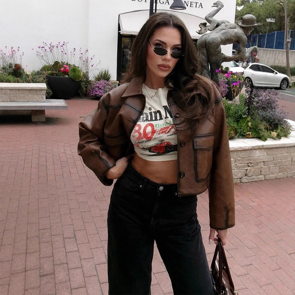 Damen Kurzjacke aus veganem Leder im Cropped-Boxy-Schnitt mit Hemdkragen Drune