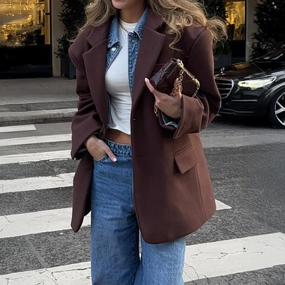 Damen nan oversized Longblazer mit kastigem Schnitt, Reverskragen, gefütterten Pattentaschen und strukturierter Wollmischung Drune