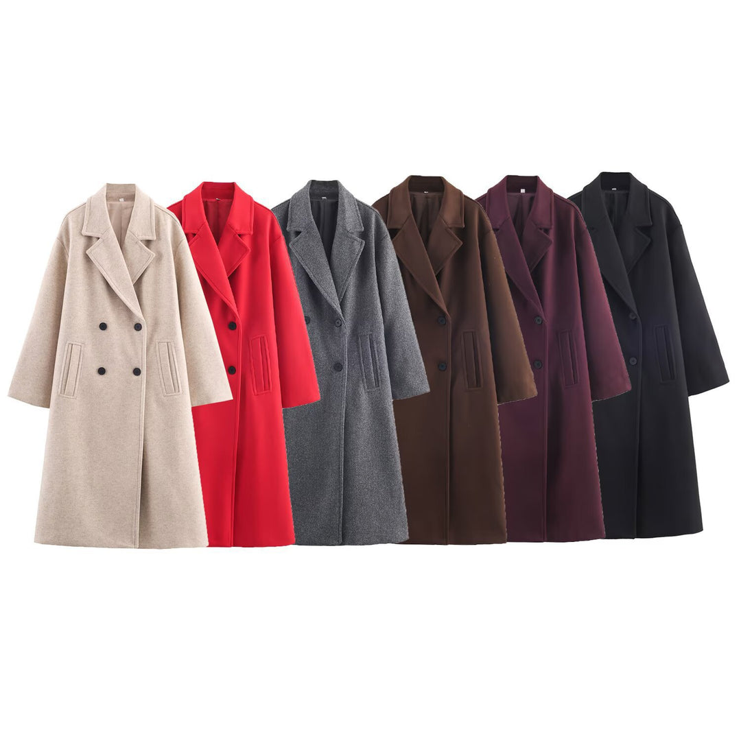 Damen Doppelreihiger Oversize‑Mantel mit fallendem Revers und Eingrifftaschen Drune