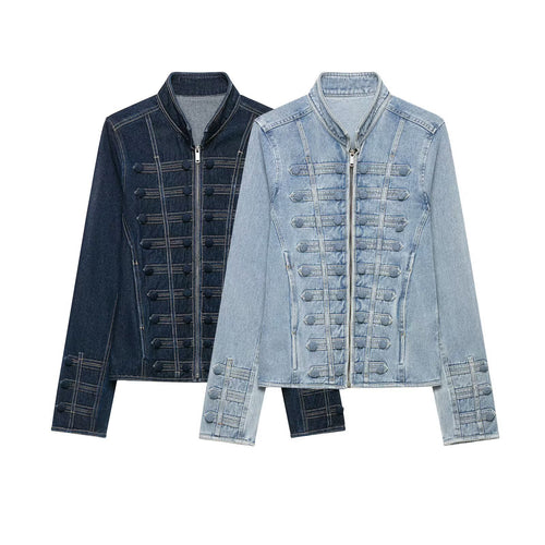 Damen Taillierte Denimjacke mit militärischen Galon‑Details und Stehkragen Drune