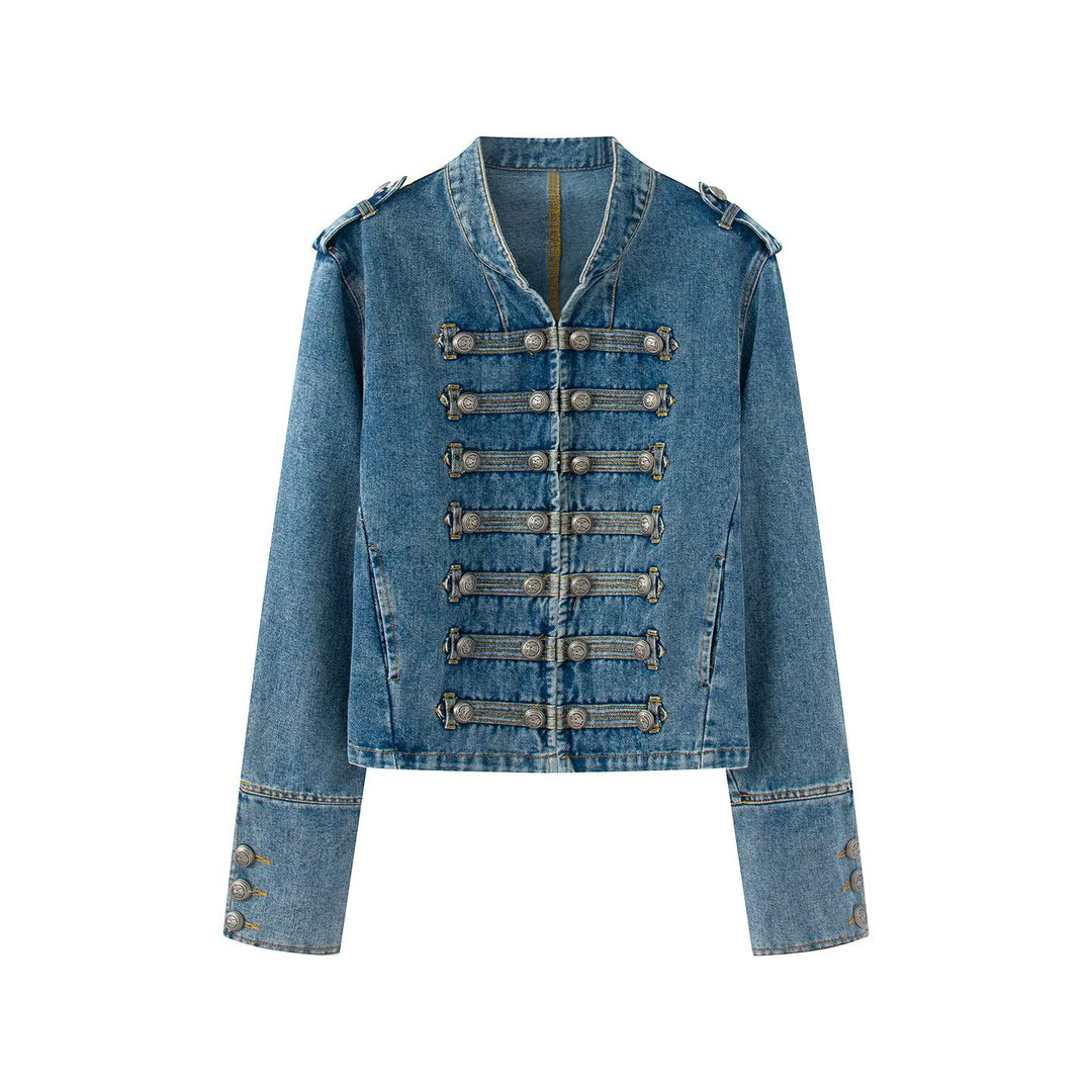 Damen Jeansjacke im Military-Stil mit dekorativer Zierknopfleiste Drune