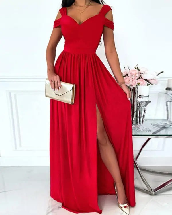 Damen Maxikleid mit schulterfreiem Design und raffiniertem Schlitz Drune