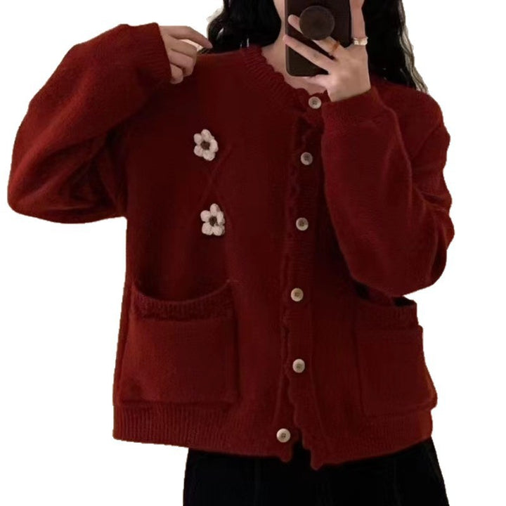 Damen Strickjacke mit Blumenapplikationen Drune