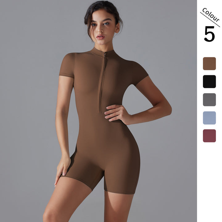 Damen Sportlicher Kurzarm-Einteiler mit Reißverschluss und figurbetontem Design Drune