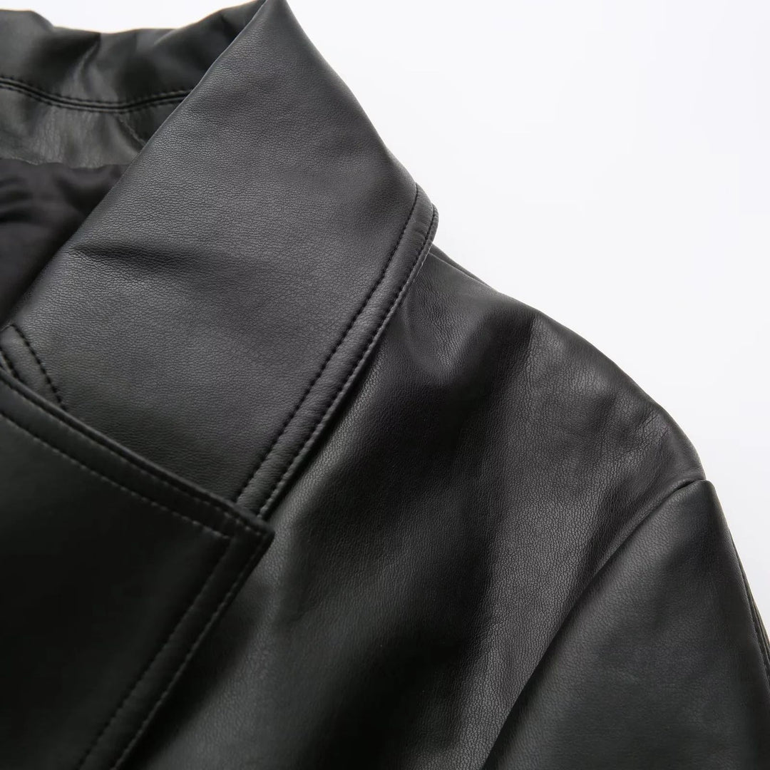 Damen nan veganer Leder-Trenchcoat mit Schalkragen, Bindegürtel und Doppelreiher Drune