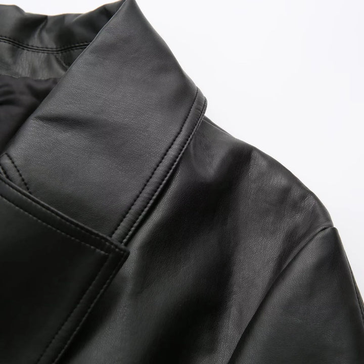 Damen nan veganer Leder-Trenchcoat mit Schalkragen, Bindegürtel und Doppelreiher Drune