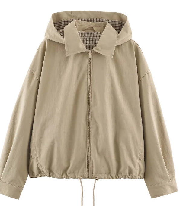 Damen Leichte Kapuzenjacke im Boxy‑Schnitt mit Kordelzug und Karofutter Drune