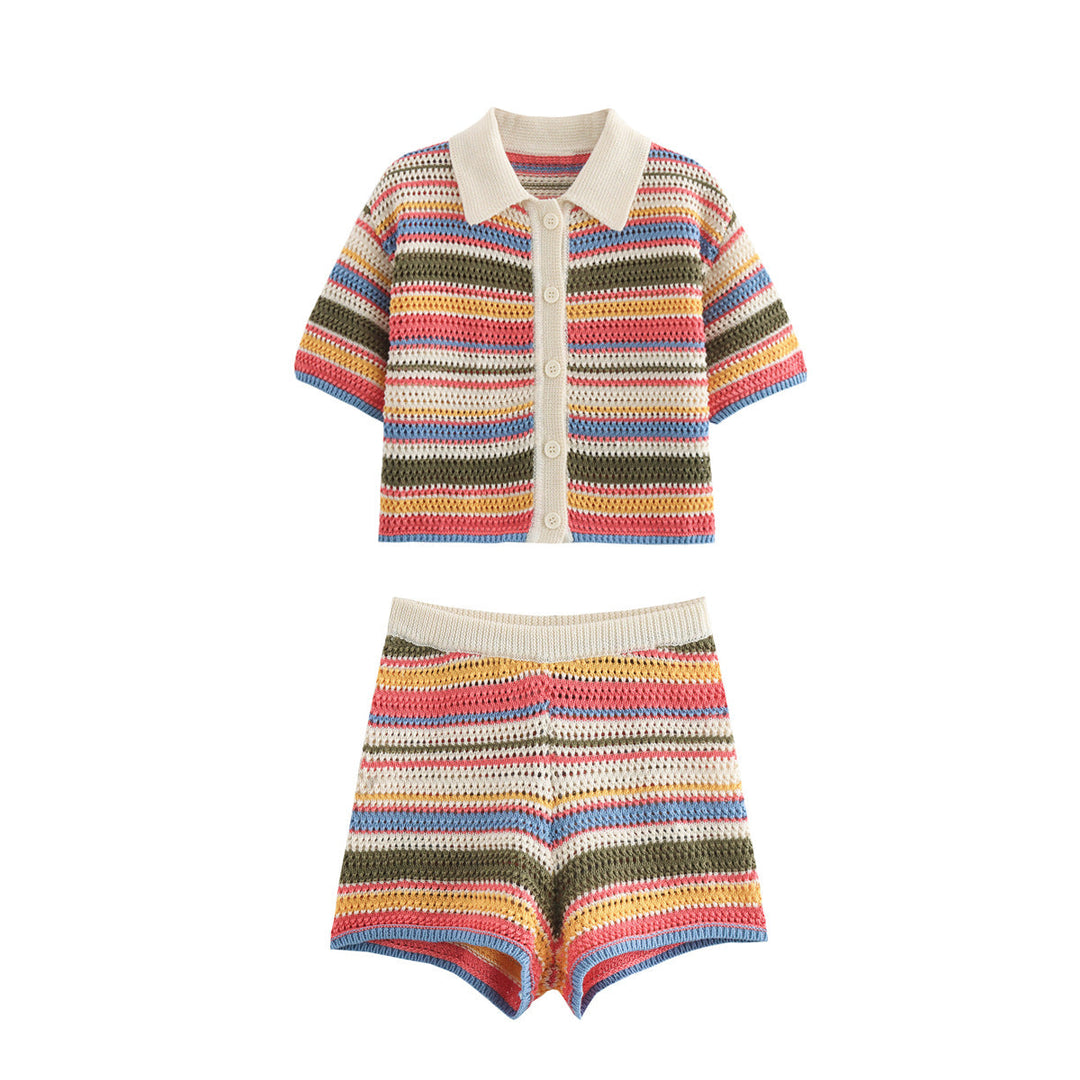 Damen luftige Strickshorts mit buntem Streifenmuster Drune