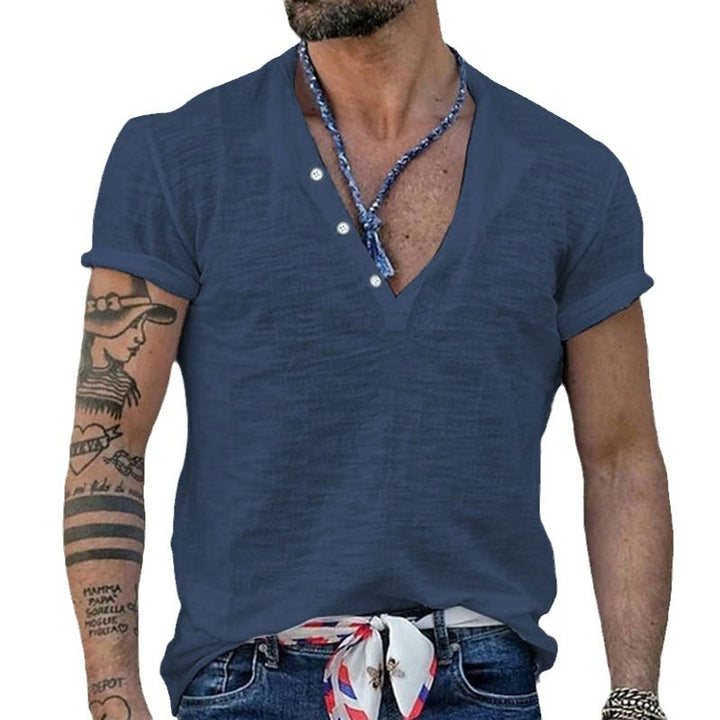 Herren nan Kurzarmshirt im Henleystil aus Slub-Baumwolljersey mit kurzer Knopfleiste Drune