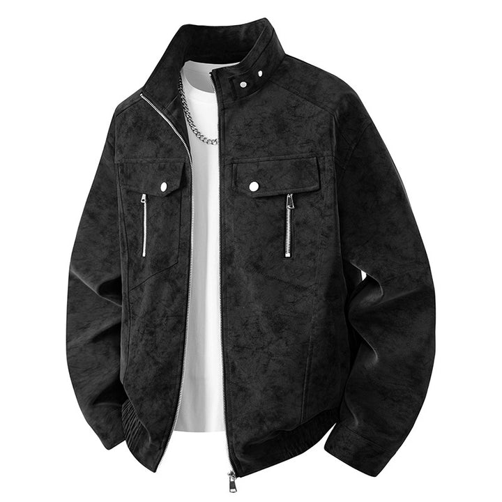 Herren Velours-Imitat Übergangsjacke im Bomberstil mit Stehkragen, Druckknopfleiste & elastischen Bündchen Drune