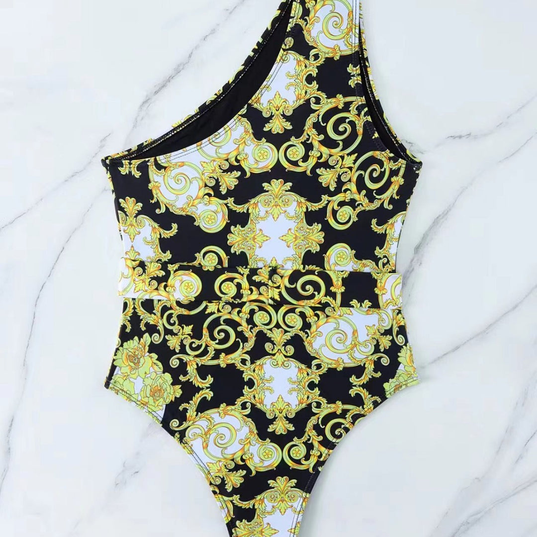 Damen Einteiler Badeanzug mit asymmetrischem Schnitt und elegantem Gürtel Drune