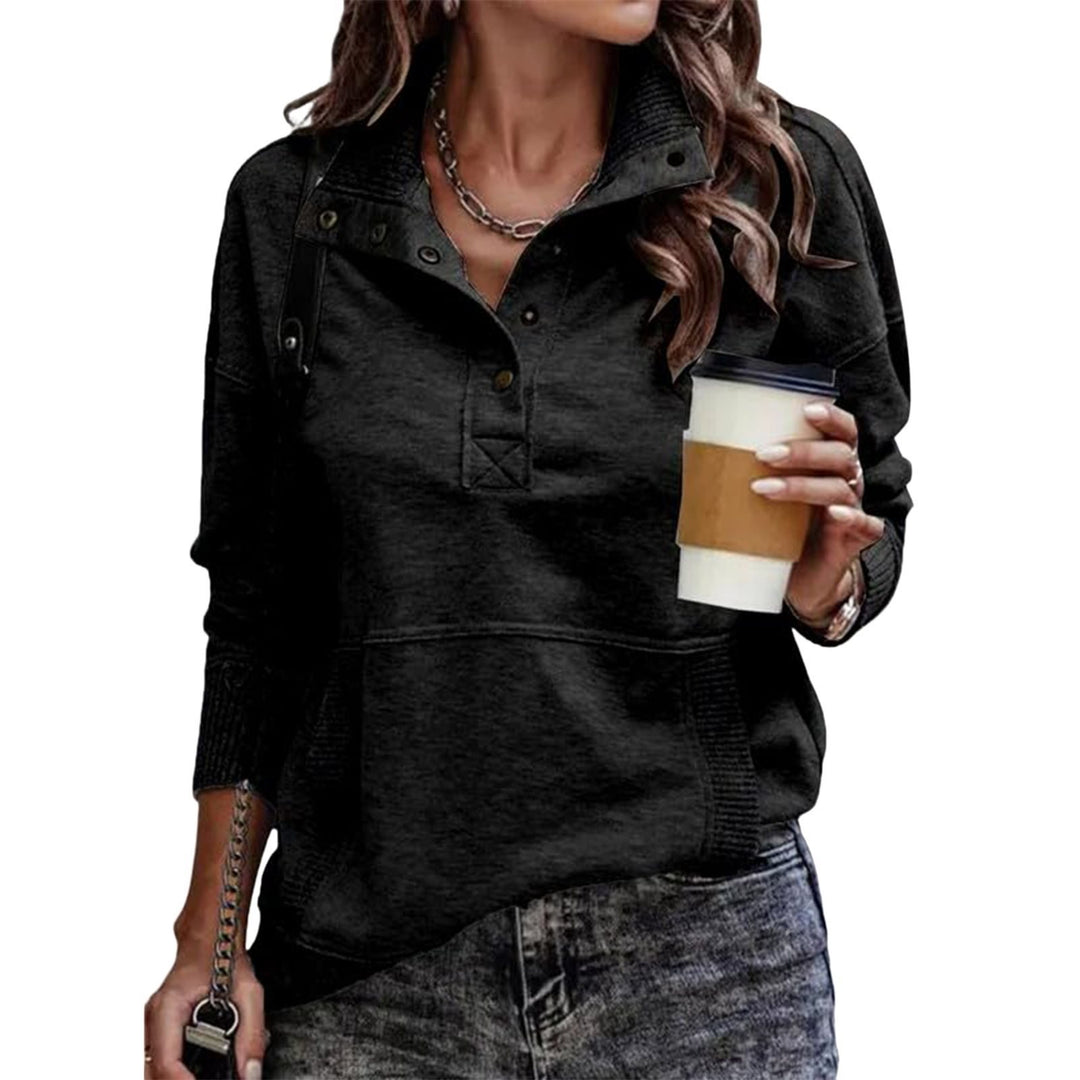 Damen Sweatpullover mit Stehkragen-Knopfleiste und Kängurutasche Drune