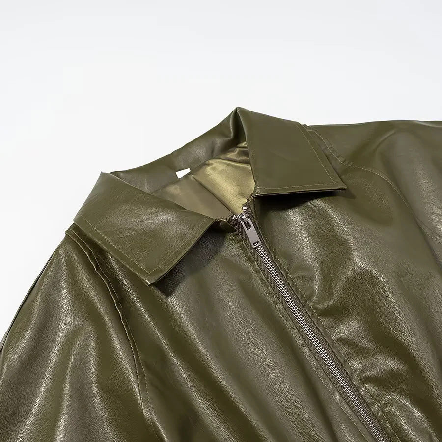 Damen nan taillierte Kunstleder-Fieldjacke mit Bindegürtel, durchgehendem Metallreißverschluss und zwei Reißverschlusstaschen Drune