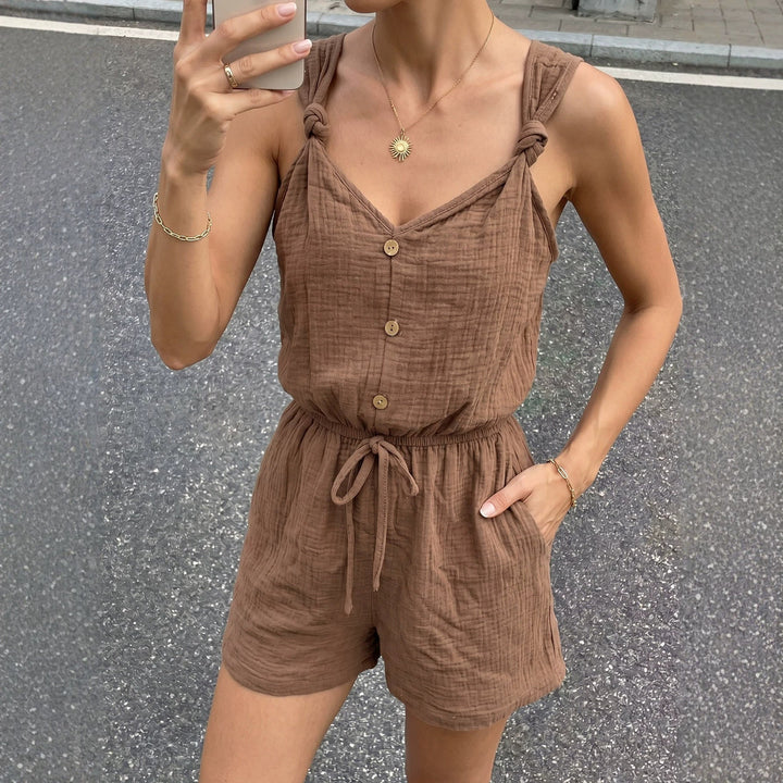 Damen lässiger Jumpsuit mit knöpfbarem V-Ausschnitt und elastischem Bund Drune