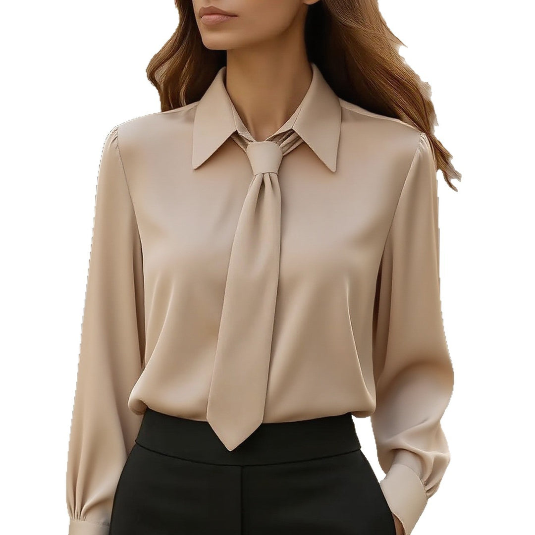 Damen Seidige Business Bluse mit Hemdkragen und integrierter Schleife Drune
