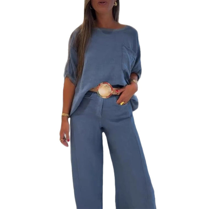 Damen nan lässiges Leinenmix-Zweiteiler mit kastigem Oversize-Top, aufgesetzter Brusttasche und weitem Palazzo-Hosenbein Drune