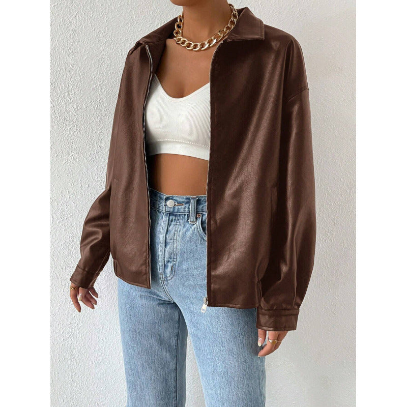Damen Oversized Kunstleder-Blouson mit Reißverschluss und Hemdkragen Drune