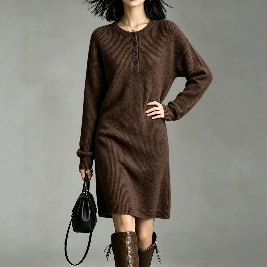 Damen Midilanges Strickkleid mit Henley-Leiste und gerippten Bündchen Drune