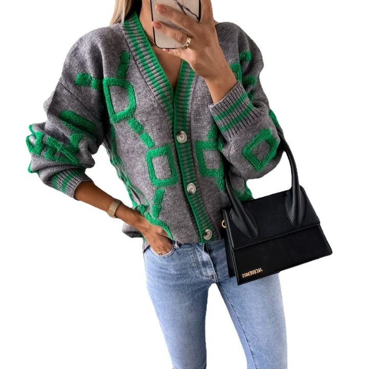 Damen Verspielte Strickjacke mit buntem Muster und Knopfdetails Drune