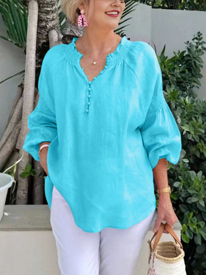 Damen lässige Kleidungsbluse mit Ballonärmeln und Knopfleiste Drune