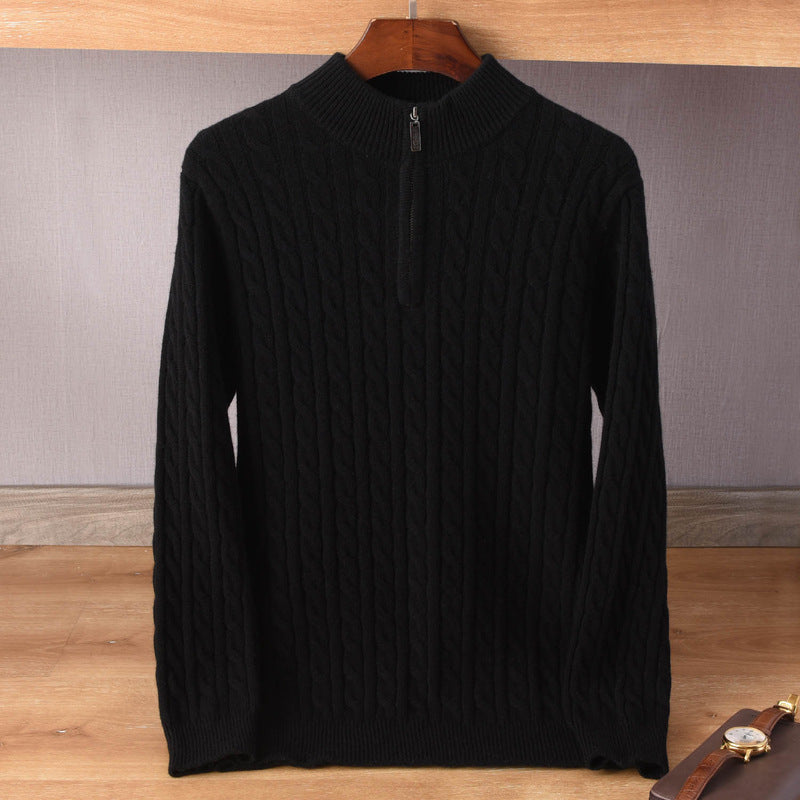 Herren Zopfmuster-Halbzip-Pullover aus weichem Wollmix mit Stehkragen Drune