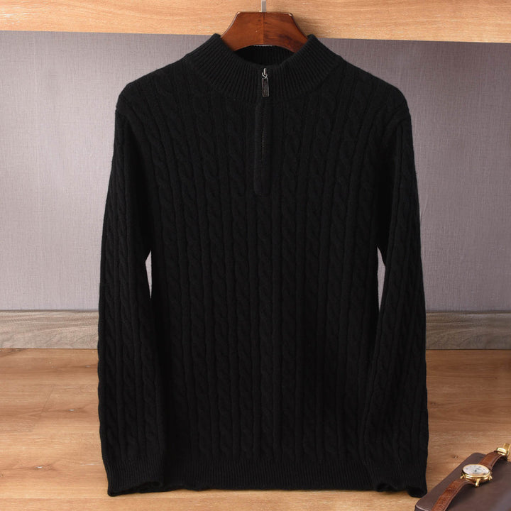 Herren Zopfmuster-Halbzip-Pullover aus weichem Wollmix mit Stehkragen Drune