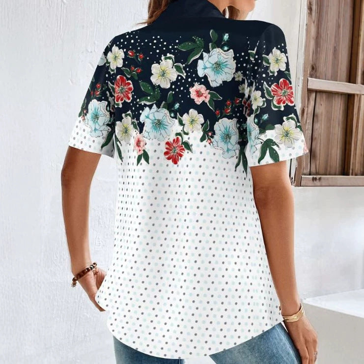 Damen nan Kurzarm-Polokragen-Tunika mit floralem Passe und Allover-Pünktchenprint Drune