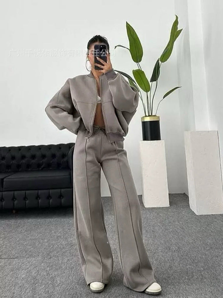 Damen nan kurz geschnittenes Blouson mit Reißverschluss und weiter High-Waist Jogginghose Set Drune