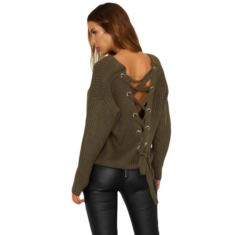 Damen lässiger Grobstrickpullover mit weitem Schnitt und V-Ausschnitt Drune