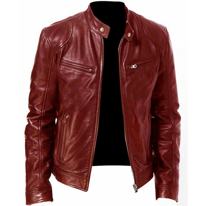 Herren nan schlanke Echtleder-Bikerjacke mit Stehkragen, zwei Brust-Reißverschlusstaschen und geradliniger Silhouette Drune