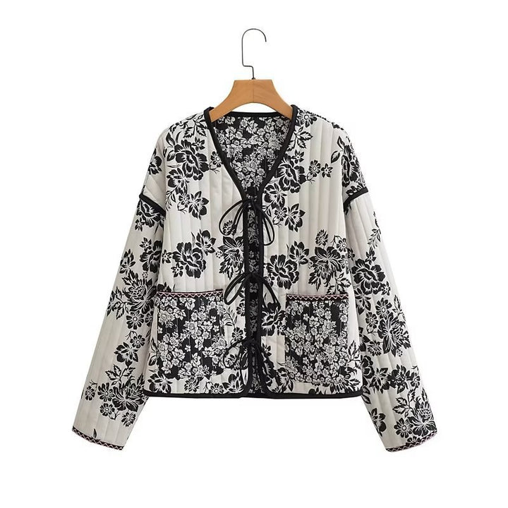 Damen Gestepptes Kurzblouson mit floralem Allover-Print und Bindeschleifen Drune
