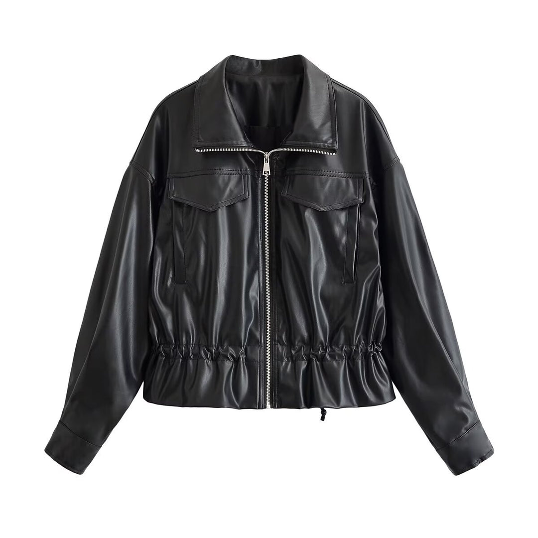 Damen Kurzjacke aus veganem Leder mit Tunnelzug und aufgesetzten Brusttaschen Drune